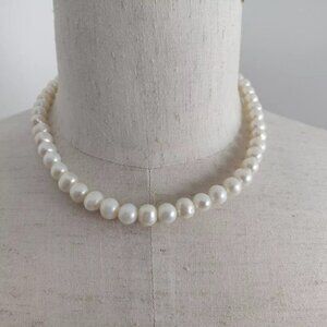 Vintage 9mm Freshwater Pearl Necklace 925 Sterling Silver Toggle Clasp 18" White